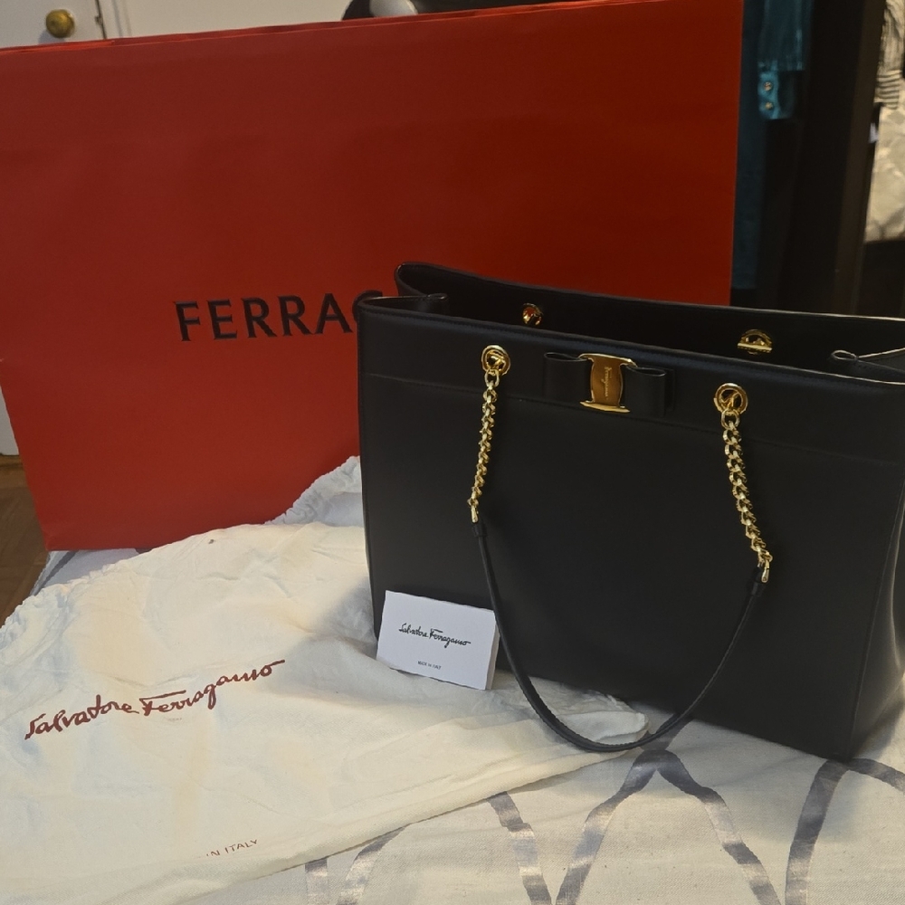 Salvatore Ferragamo Black Shoulder Bag with Gold Accents